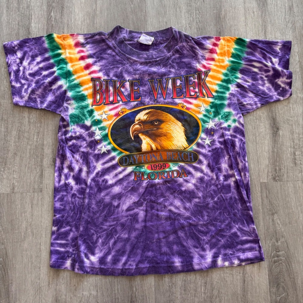 Vintage 1999 Daytona Beach Bike Week Tie Dye Shirt Eagle Graphic Purple Large